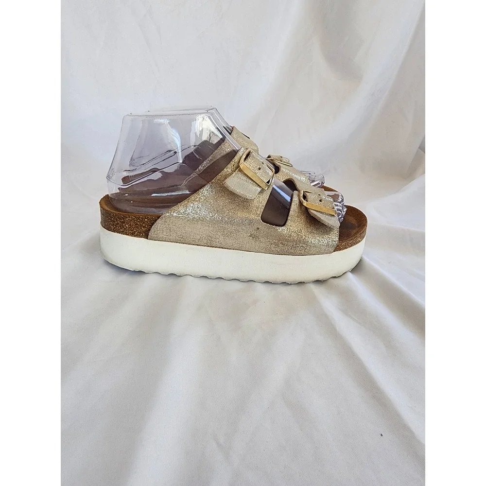 Plakton Bios Gold Metallic Glitter Platform Sandals Spain Buckle‎ Slides  38/7.5